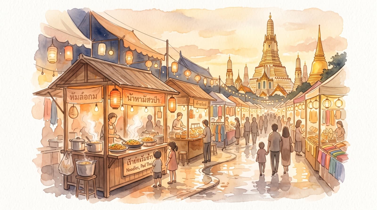 夕暮れのタイのナイトマーケットの水彩イラスト。屋台の明かりと金色の寺院