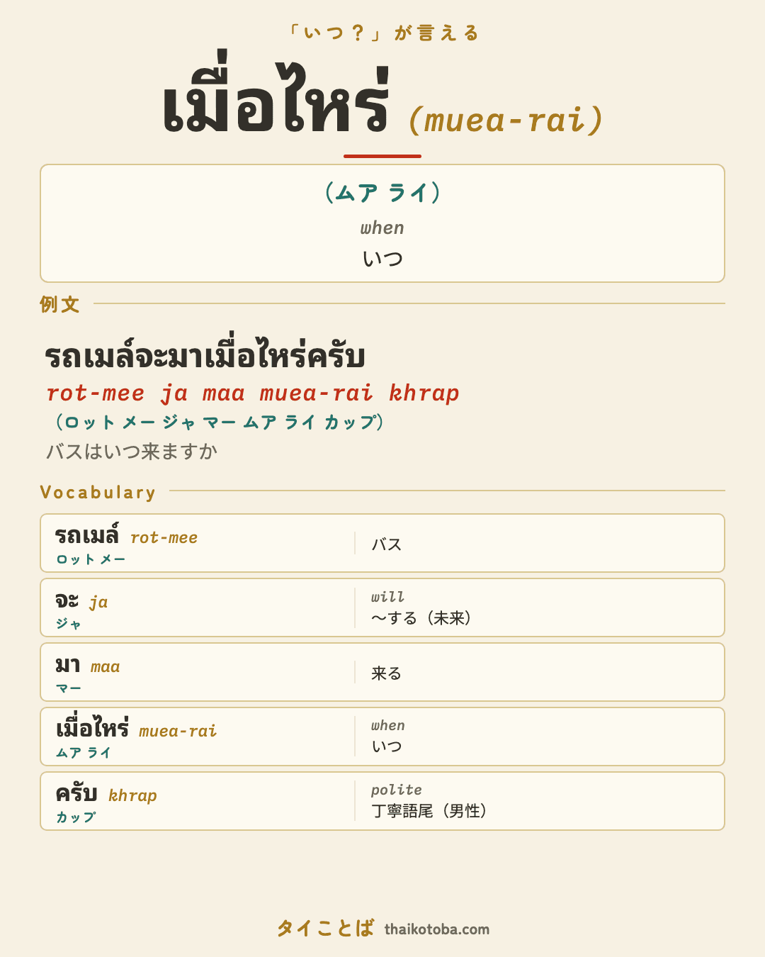เมื่อไหร่（ムア ライ）＝いつ のまとめ画像